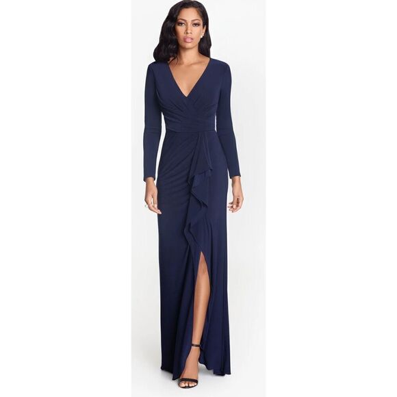 Betsy & Adam "ELLE" LONG SLEEVE SIDE RUFFLED SLIT GOWN in Navy NWOT Size 6 - Picture 3 of 7